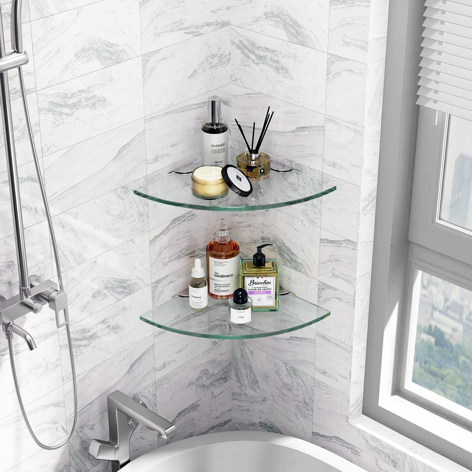 Bathroom with custom glass corner shelves for stylish and functional storage.
