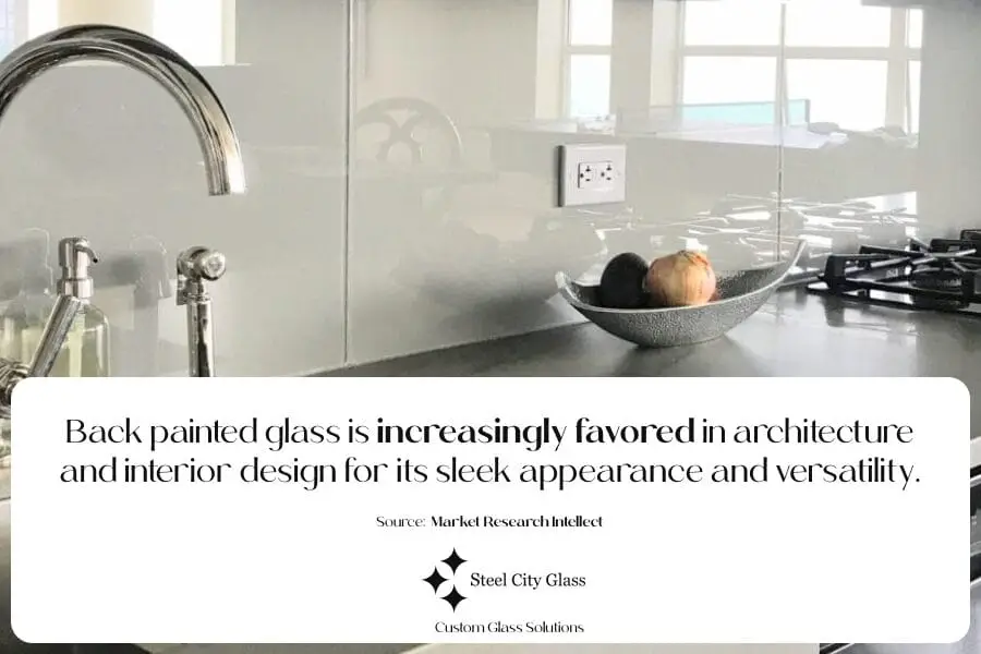 Kitchen and sink with back painted glass in background