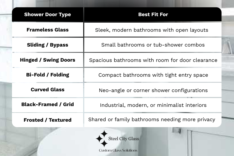Table image, indicating shower door types and best fit for each of them