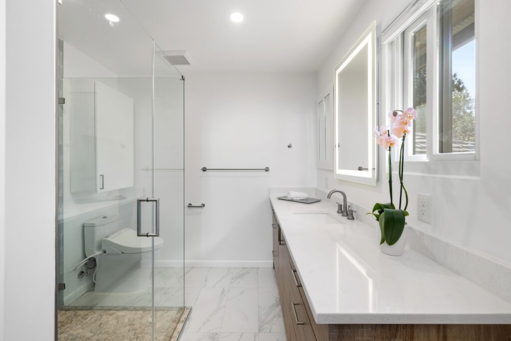 Frameless glass shower enclosure next to a white vanity