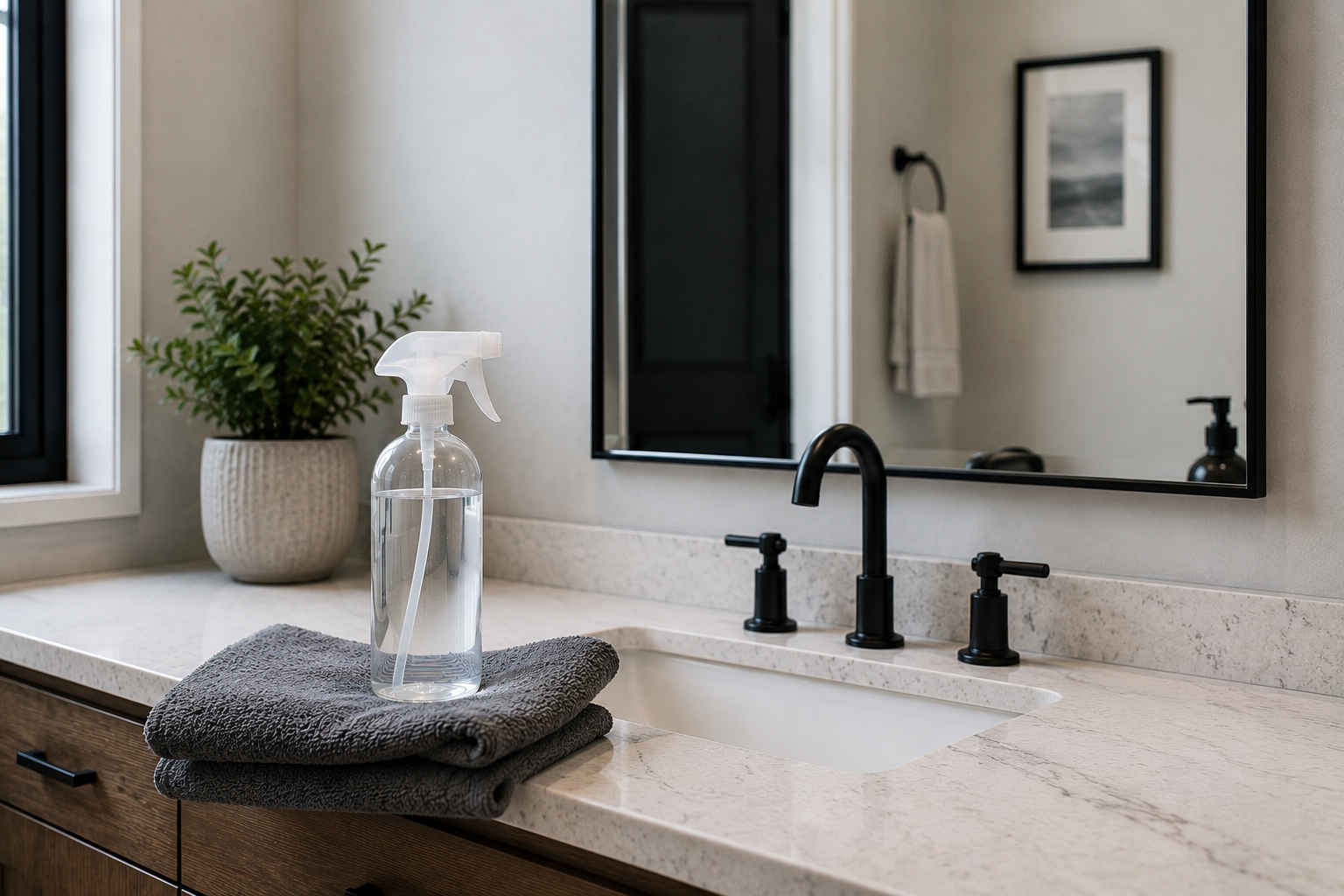 Framed mirror above a vanity ledge with decor