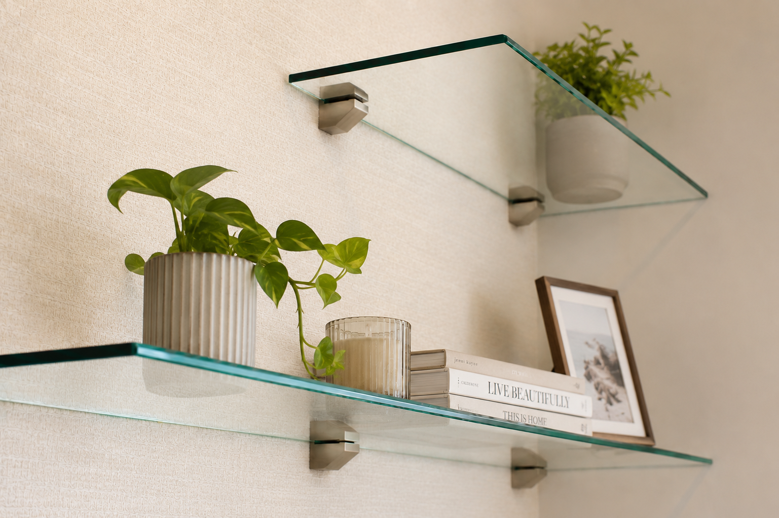Floating glass shelves with plants and decor
