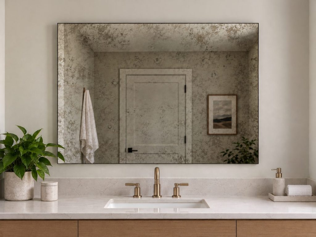 Antique mirror above a bathroom vanity