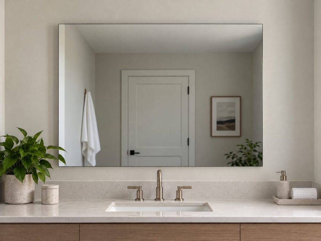 Clear mirror above a bathroom vanity
