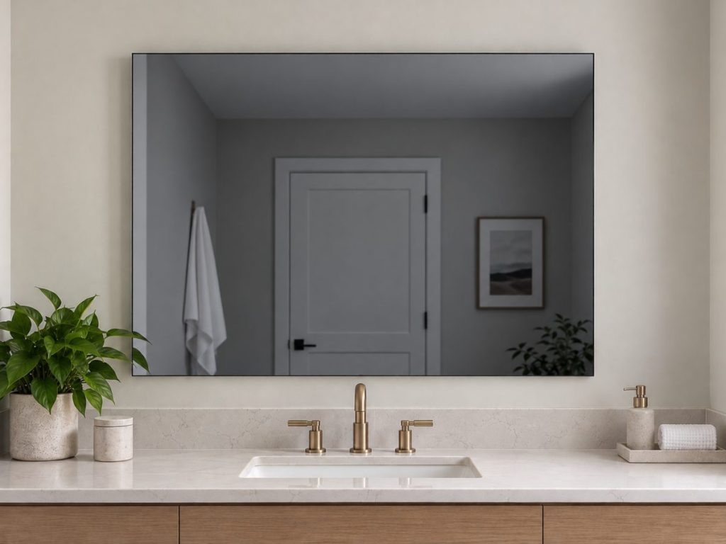 Grey mirror above a bathroom vanity